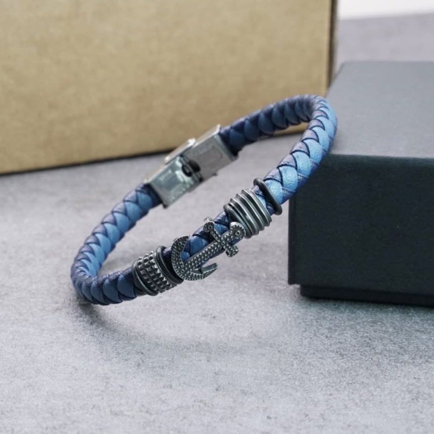 Blue Leather Anchor Bracelet